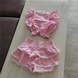 Plaid Ruffle Crop Top And Shorts Set- Outfit
