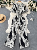 Beach Summer Floral Jumpsuits Fashion V Neck Elastic Slim Short Sleeve 2023 Streetwear Vacation Retro Long