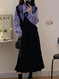 French Vintage Knitting Midi Dress Women Black Loose V-neck Long Sleeve Dress Elegant Office Lady Turn-down Collar