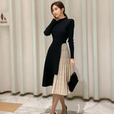 New Winter Elastic Knitted Dresses Women Color matching Lace-up Sweater Dress Fashion Slim Work Office