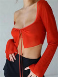 Zingj 2023 Sexy Y2K Women Mesh Sheer T-shirts Exposed Navel Crop Tops Long Sleeve Square Neck Tie-Up See Through 211-1-Outfit