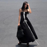 Black Tube Ruched Lace Up Maxi Dress-Outfit