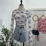 Spider-Web Yarn Velvet Perspective Bottom Shirt Dark T-Shirt T-Shirt Short Long-Sleeved T-Shirt Top