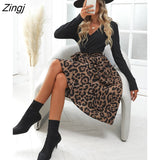 PETAL Black Leopard Belted Midi Dress For Woman Sexy V-neck Long Sleeve Party Dress 2023 Autumn Winter Female