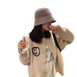 Zingj And Winter 2024 New Design Sense Double-Sided Smiley Face Sweater Cardigan Female Embroidery Round Collar Korean Fashion Versatile Coat-Outfit