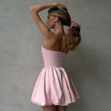 Satin Puff Ruched Tube Mini Dress-Outfit