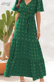 Maxi Dress Women Elegant Jacquard Sundress Female Boho Beach Green Long Dress Loose Retro Short Sleeve