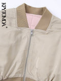 Women Fashion Front Zipper Satin Crop Padded Bomber Jacket Coat Vintage O Neck Long Sleeve Female Outerwear Chic