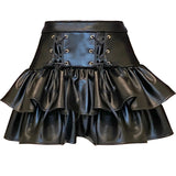 Lace up short black leather skirt women high waist Mini tiered ruffle skirt vintage gothic faux leather skirts 2023