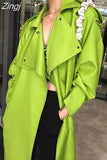 Spring Autumn Long Oversized Bright Green Faux Leather Trench Coat for Women Belt Loose Stylish Luxury Designer