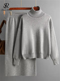 Women Gentle Knitted Suits Turtleneck Long Sleeve Loose Pullover+Elastic Waist Bodycon Skirt Winter Fashion Solid