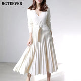 Elegant V-neck Thick Warm Women Knitted Pleated Dress Long Sleeve Belted Sashes Ladies Sweater Dress 2020 Autumn