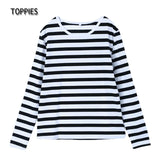2021 Striped T-shirts Casual Oversized Round Neck Vintage Basic Tops Tees Women Long Sleeve White Black