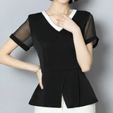 Tops And Blouse Ladies Tops Chiffon Blouse Shirts V-Neck Shirts Short Sleeve Women Clothing Black V-Neck 3767