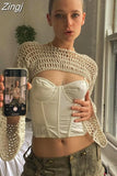 Y2K Vintage Fashion Knit Crochet Smock Top Pullover Flare Sleeve Super-Short Hollow Out Festival Outfits Sweater