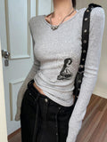 Grunge Aesthetic T Shirt Women Knitted Skinny Tops Y2k Vintage Crop Tops Print American Retro Tshirts Autumn