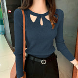 Winter Hollow Out Sexy Solid Sweater Ladies Elegant Fashion Slim Bottoming Knitting Pullover Tops Women Casual