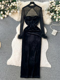 Sexy Velvet Patchwork Dress Hollow Out Mesh Long Sleeves Fur Design Slim Autumn France Chic Ladies Evening Party