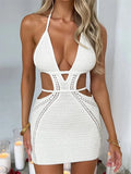Women Halter Lace-up Short Mini Dress Sleeveless Off Shoulder Backless Hollow Out Knitted Beach Dress Female