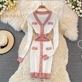 Women Knitted Sheath Dress Autumn Winter Office Color Contract Bodycon Dress Elegant V-neck Work Wear Sweater