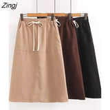 Knit Long Midi Skirt Women 2022 Winter Warm Korean Fashion Solid Lace Up Elegant High Waist A Line Skirt