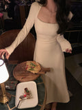New Women Midi Dress Winter French Style Elegant Party Long Sleeve Female