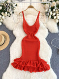 Summer Hollow Out Sexy Dress American INS Strap Slim Fit Ruffles Bodycon Design Solid V-Neck Sleeveless Knitted