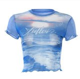 Sweet Wind Collar Bag Sleeve Cherry Cake Blue T-Shirt In Fashion Summer Wood Ear Exposed Umbilical Babes