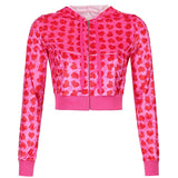 Velvet Heart Print Cropped Top Bomber Jacket Women Autumn Cute Pink Long Sleeve Coats Zipper Winter 90s