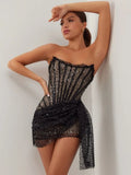 High-End Women's Sexy Lace Perspective Hot Diamond Corset Thigh Boobs Dress High-End Temperament Ass