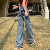 Small Flower Jeans Women Hit The Color Leather Standard High Waist Pendant Feeling Broad Legs Loose 100 Straight Tube Floor