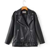 Autumn Women Loose Leather Jackets Turndown Collar Rivet Epaulet Zipper Biker Overcoat Female Faux Soft Leather