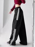 Streetwear Striped Cargo Pants Women High Waist Pockets Americam Casual Trousers Harajuku Loose Chic Patchwork