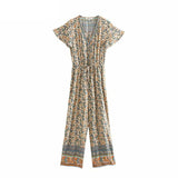 Queens Women Floral Print Lace-up Boho Bodysuits Elastic Waist Short Sleeve V-neck Bohemian Rayon Playsuits