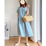 Cotton Linen Loose Dress Summer Fashion Female O-Neck Short Sleeve Solid Color Knee Length Sweet
