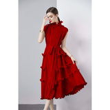 Zingj Ear Draw Pleattie Irregular Hem Belt Fold Long Dress Female Commuting Foreign Style Stand Collar