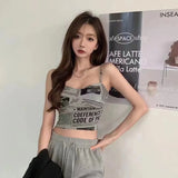 Newspaper Print Camisole Women Slanted Shoulder Hollow Sleeveless Tops Beautiful Back Woman's Spring