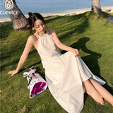 2022 Summer Solid Halter Knitted Backless Maxi Dress for Women Sexy Beach Holiday Vintage Tassels Robe New