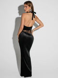 Black Cut Out Halter Velvet Maxi Dress- Outfit