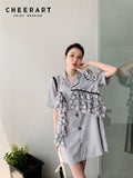 Korean Fashion Summer Blazer Dress For Women 2022 Grey Ruffle Short Sleeve Cute Designer Button Up Mini Dress