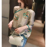 A New Retro National Style Imitation Silk Printing Pearl Button Slanted Chinese-Style Trimmed Blouse In
