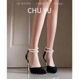 Fairy Wind And Black Beautiful Pearl Strap High Heels Sexy Shallow Velvet Single