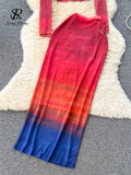 Korean Style Two Piece Suits O Neck Midi Blouse+High Waist Colorful Bodycon Skirt Women Fashion Transparent Slim