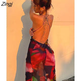 Chiffon Tie-dye Backless Sexy Slim Long Dress Women Halter Lace V-Neck Leopard Print Dress Spring Summer Partywear