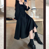 Black Elegant Dress Women Vintage Long Sleeve Spring Autumn Dresses Square Collar Oversize Loose Casual Robe