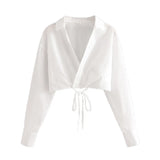 Women Cute Cross V-Neck Hem Bandage Cropped Blouse New Za Vintage Bodycon Smock Summer White Chic Female Shirt