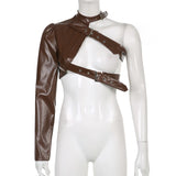 SUCHCUTE Hip Hop Fashion PU Leather Jacket Women Metal Buttons One shoulder Sexy Punk Streetwear Halter Crop Top Goth