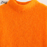 Women Sweet Stand Collar Sleeveless Orange Knitting Vest Sweater Female Chic Soft Touch Pullovers Waistcoat Tops
