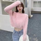 Sweater For Women Sweet Faux Mink Hairy Pullover O Neck Long Sleeve Loose Short Sweater Lady Casual Soft Warm