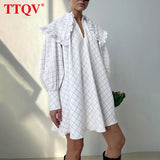 Fashion Doll Collar White Plaid Mini Dress Casual Long Sleeve Office Lady Dress Elegant Loose Ruffle Dresses For Women